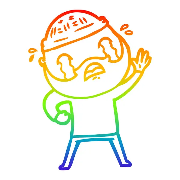 Arco iris gradiente línea dibujo dibujos animados barbudo hombre saludando y llorar — Vector de stock