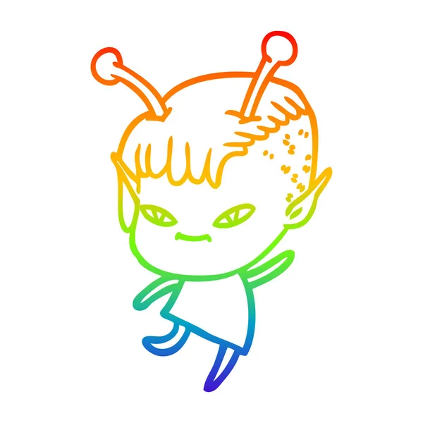 Linea gradiente arcobaleno disegno carino cartone animato ragazza aliena — Vettoriale Stock