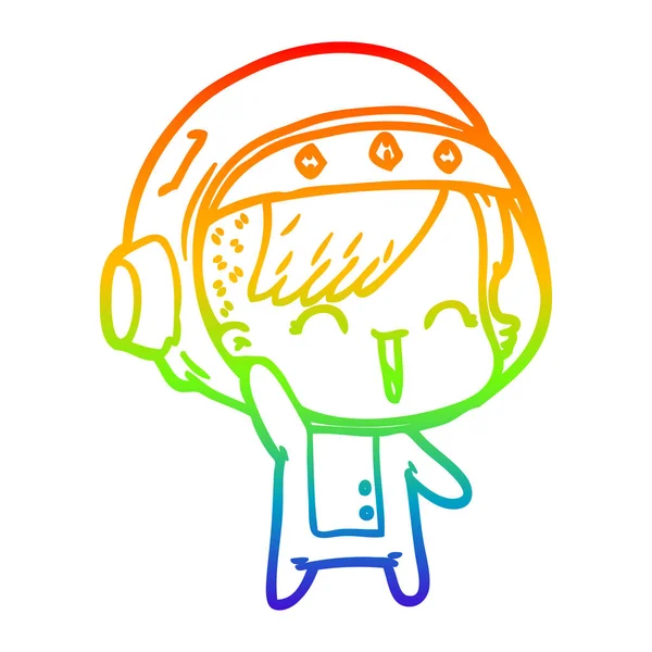 Rainbow gradient linje ritning tecknad lycklig astronaut flicka Wavin — Stock vektor