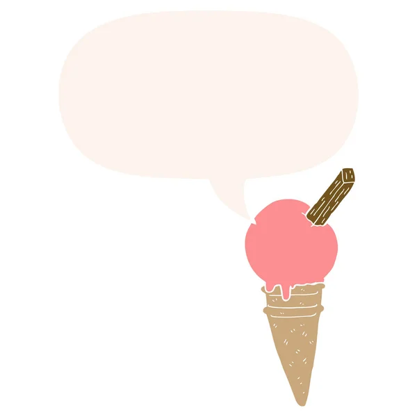 Cartoon ice cream and speech bubble in retro style — Stock Vector