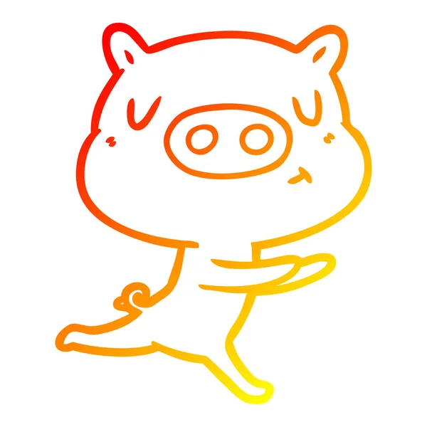 Línea de gradiente caliente dibujo contenido de dibujos animados cerdo corriendo — Vector de stock