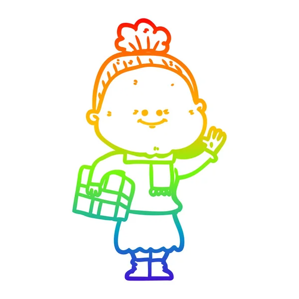 彩虹渐变线绘制卡通快乐老女人 — 图库矢量图片