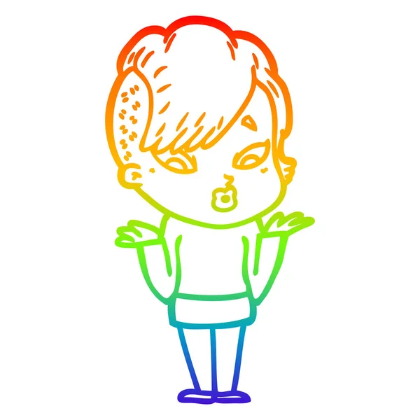 Rainbow gradien line drawing cartoon surprised girl - Stok Vektor