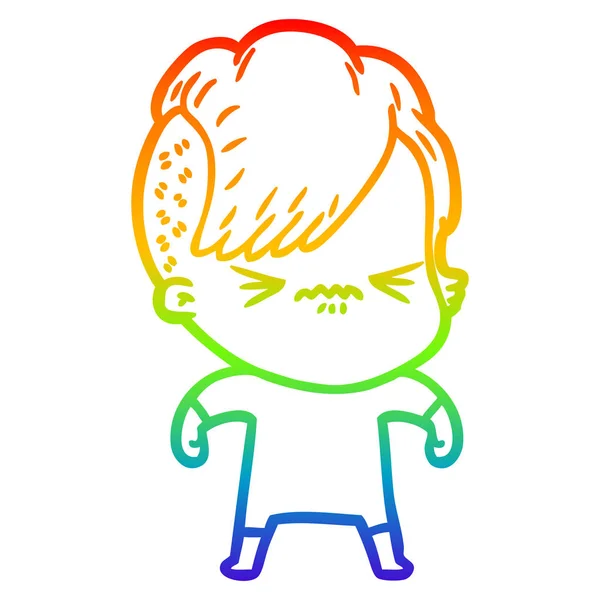 Regenboog gradiënt lijntekening cartoon geërgerd hipster meisje — Stockvector