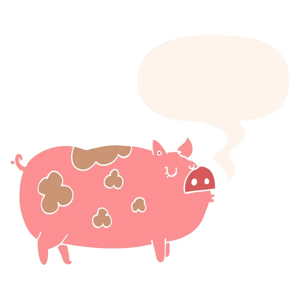 Cartoon pig and speech bubble in retro style — Stock Vector