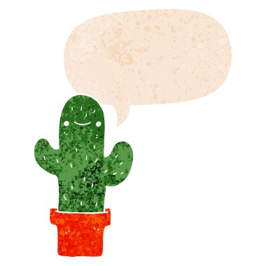 retro dokulu tarzda karikatür kaktüs ve konuşma balonu