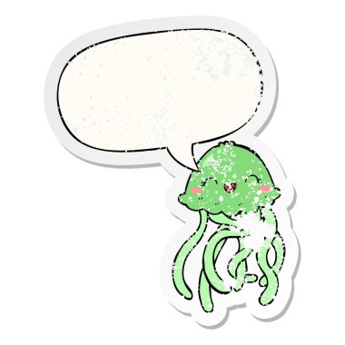 sevimli karikatür denizanası ve konuşma balonu sıkıntılı etiket