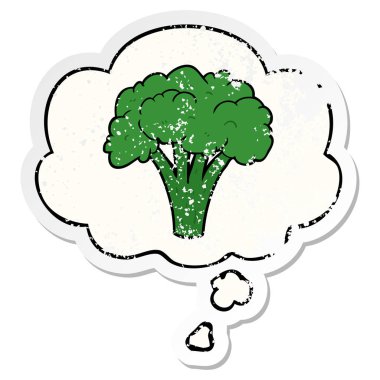 karikatür brokoli ve sıkıntılı yıpranmış etiket olarak kabarcık düşünce