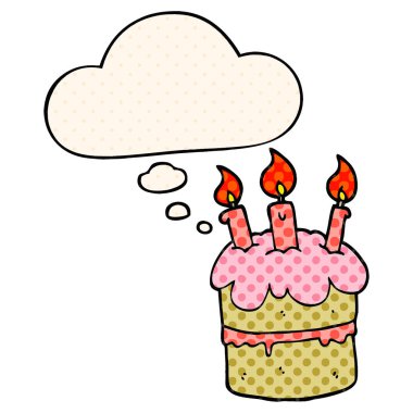çizgi roman tarzında karikatür doğum günü pastası ve düşünce balonu