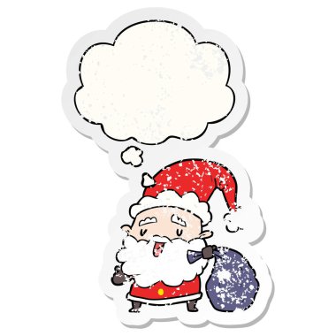 çuval ve sıkıntılı olarak düşünce balonu ile karikatür noel baba