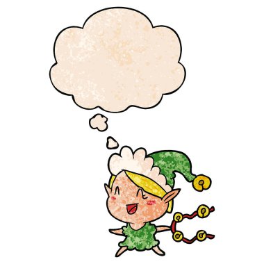 karikatür mutlu noel elf ve grunge doku da kabarcık düşünce