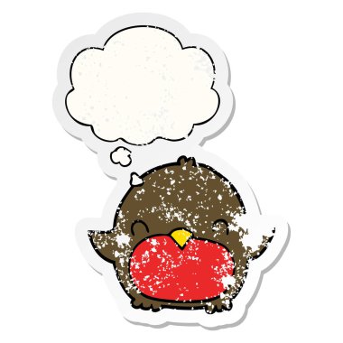 karikatür penguen ve sıkıntılı yıpranmış etiket olarak kabarcık düşünce