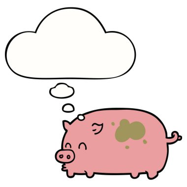 sevimli karikatür domuz ve düşünce balonu