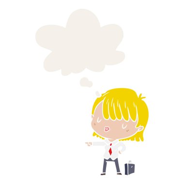 karikatür verimli iş kadını ve retro stilde düşünce balonu