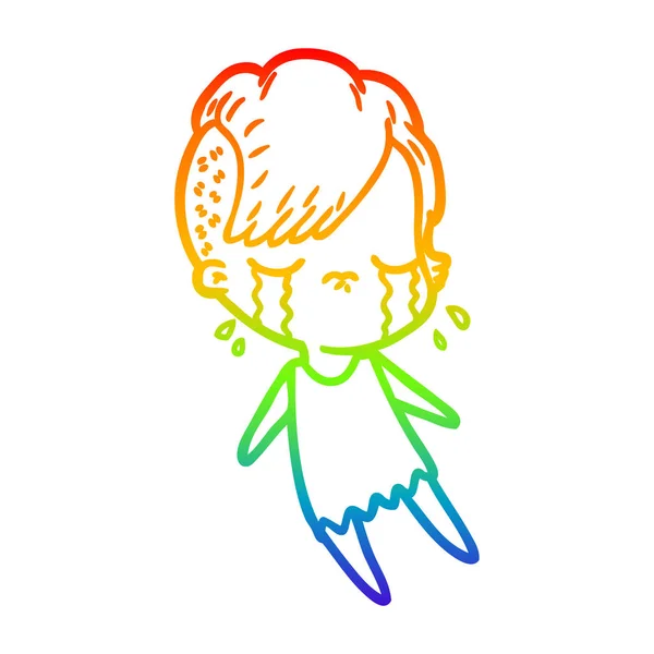 Regenboog gradiënt lijntekening cartoon huilen meisje — Stockvector