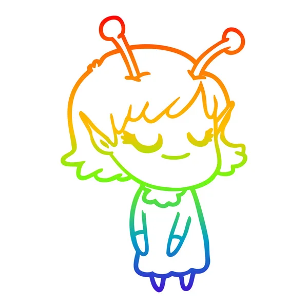 Rainbow gradient line drawing smiling alien girl cartoon — Stock Vector