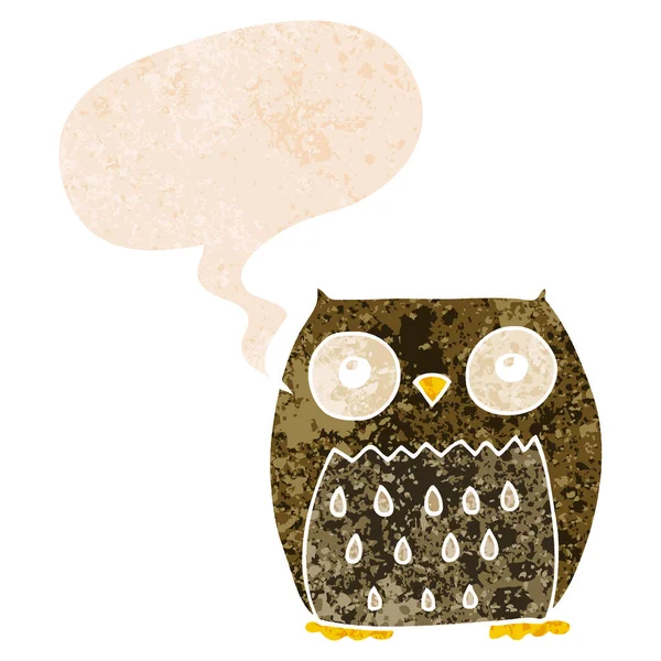 Cartoon owl and speech bubble in retro textured style — Stock Vector