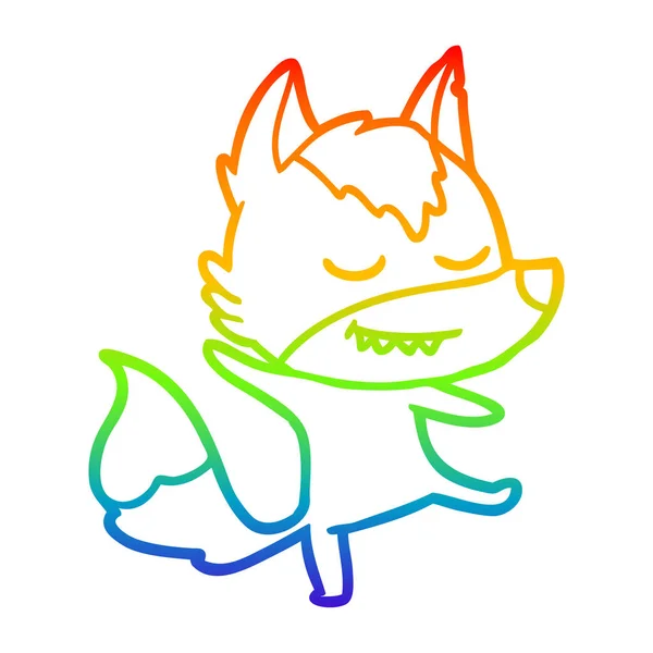 Linea gradiente arcobaleno disegno amichevole cartone animato lupo bilanciamento — Vettoriale Stock