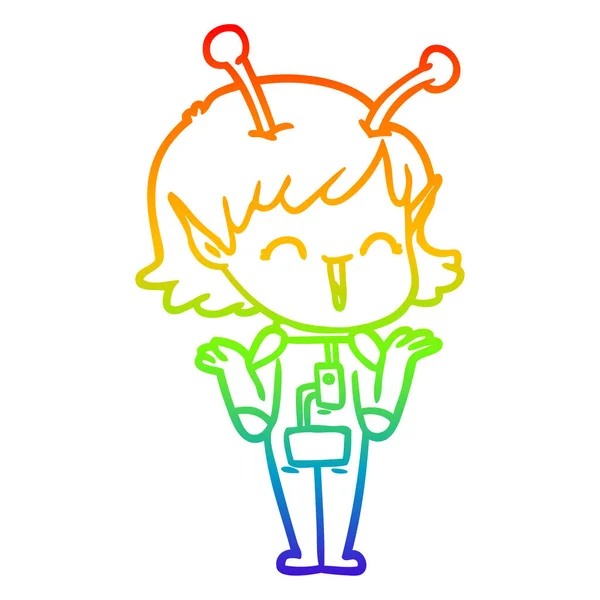 Rainbow gradient ligne dessin dessin animé alien fille rire — Image vectorielle