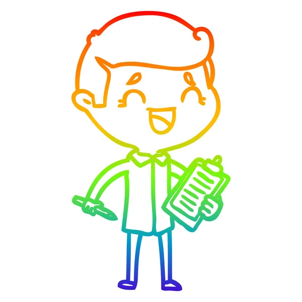 Arco-íris linha gradiente desenho cartoon rindo homem com clip boa — Vetor de Stock