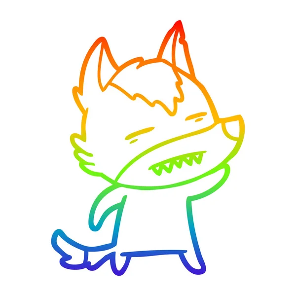 Arco-íris linha gradiente desenho cartoon lobo acenando mostrando dentes —  Vetores de Stock