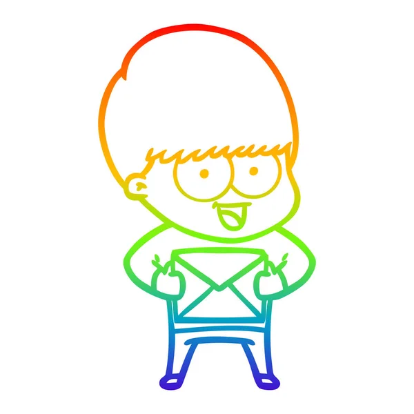 Rainbow gradient line drawing happy cartoon boy with present — Stock Vector