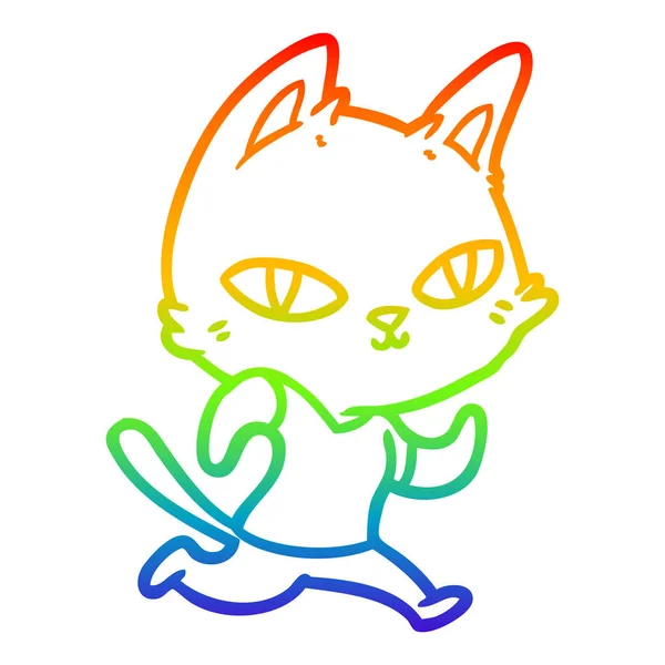 Rainbow gradient linje ritning tecknad katt kör — Stock vektor