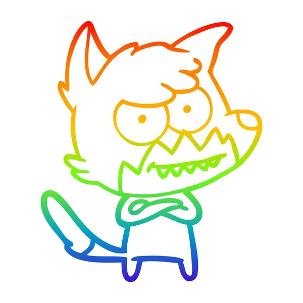 Rainbow gradient line drawing cartoon grinning fox — Stock Vector