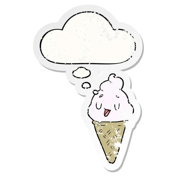 Crème glacée dessin animé mignon et bulle de pensée comme un usé affligé s — Image vectorielle