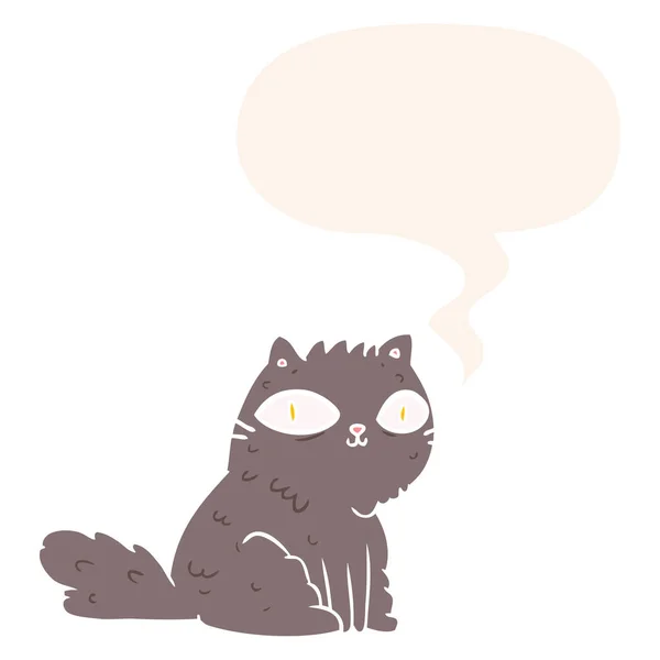 Gato de dibujos animados mirando a la derecha en usted y burbuja de habla en estilo retro — Vector de stock