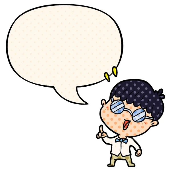 Cartoon clever boy and idea and speech bubble in comic book styl — Stock Vector