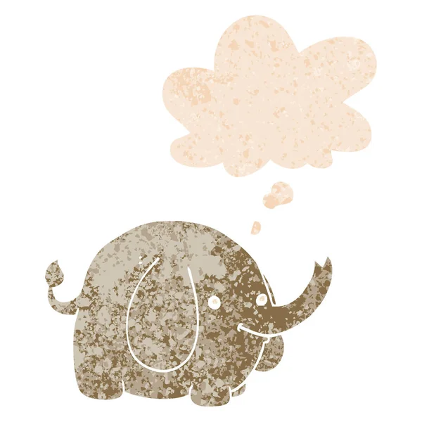Elefante de dibujos animados y burbuja de pensamiento en estilo texturizado retro — Vector de stock