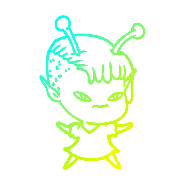 Cold gradient line drawing cute cartoon alien girl — стоковый вектор