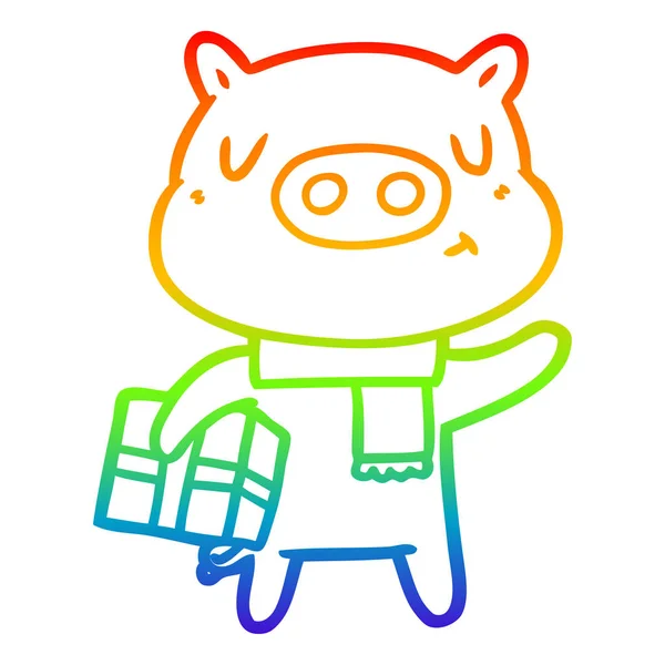 Rainbow gradient line drawing cartoon christmas pig — Stock Vector