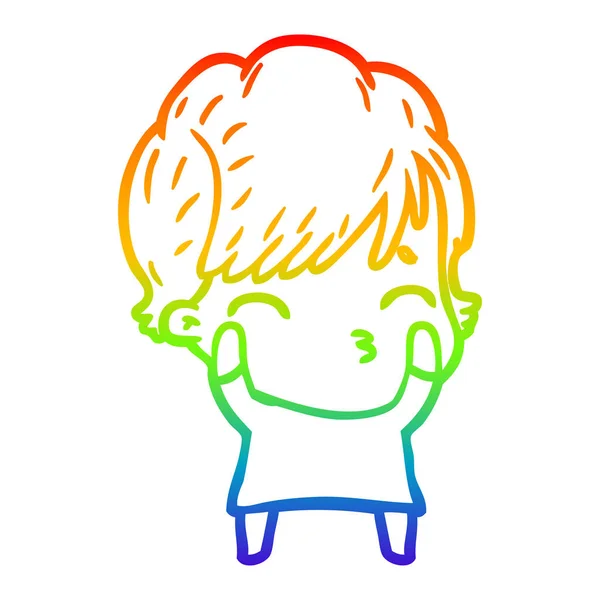 Arco iris gradiente línea dibujo dibujos animados mujer pensando — Vector de stock