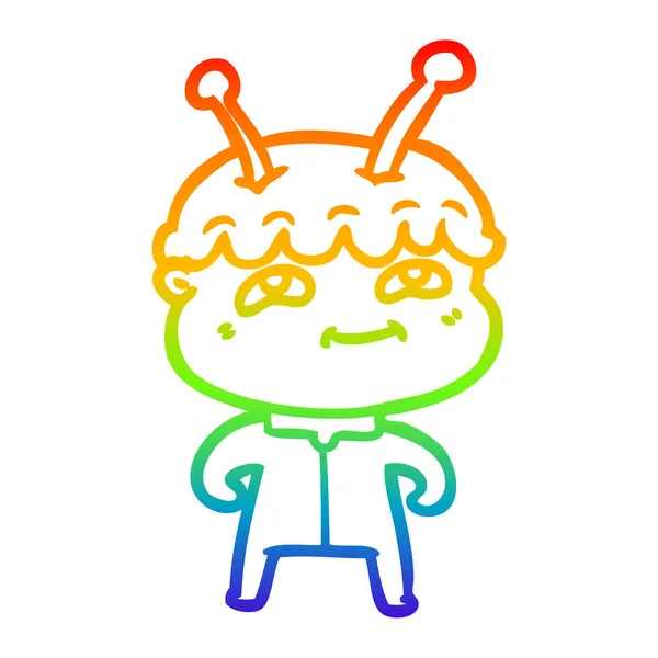 Regenboog gradiënt lijntekening vriendelijke cartoon Spaceman — Stockvector