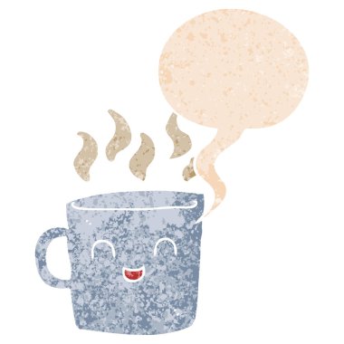 retro dokulu stil sevimli kahve fincanı karikatür ve konuşma balonu