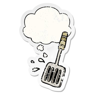 karikatür mutfak spatula ve sıkıntılı bir yıpranmış olarak kabarcık düşünce 