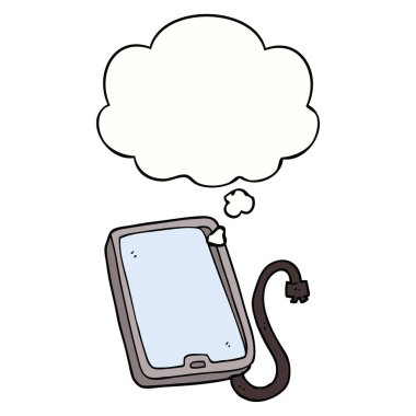 karikatür bilgisayar tablet ve düşünce balonu