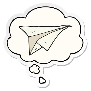 karikatür kağıt uçak ve baskılı bir etiket olarak kabarcık düşünce