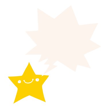 mutlu karikatür yıldızı ve retro tarzında konuşma balonu