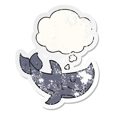 karikatür köpekbalığı ve sıkıntılı yıpranmış etiket olarak kabarcık düşünce