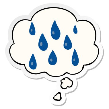 karikatür yağmur damlaları ve basılı bir etiket olarak kabarcık düşünce