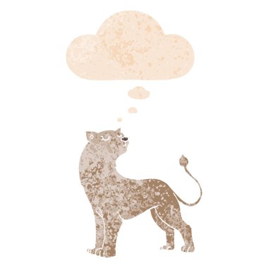 retro dokulu tarzda karikatür dişi aslan ve düşünce balonu