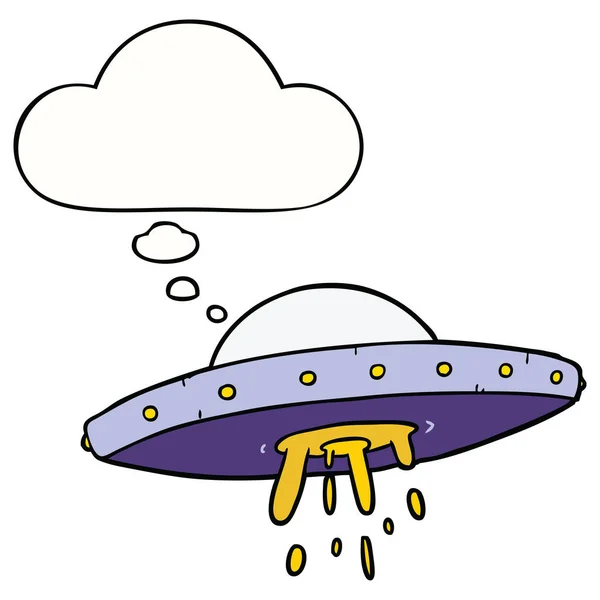 Cartoon vliegende UFO en dacht Bubble — Stockvector