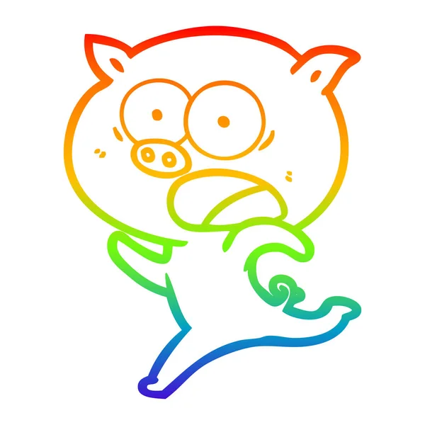 Arco iris gradiente línea dibujo dibujos animados cerdo corriendo — Vector de stock