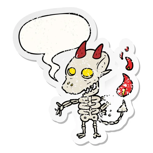 Karikatür ürkütücü iskelet iblis ve konuşma balonu sıkıntılı sopa — Stok Vektör