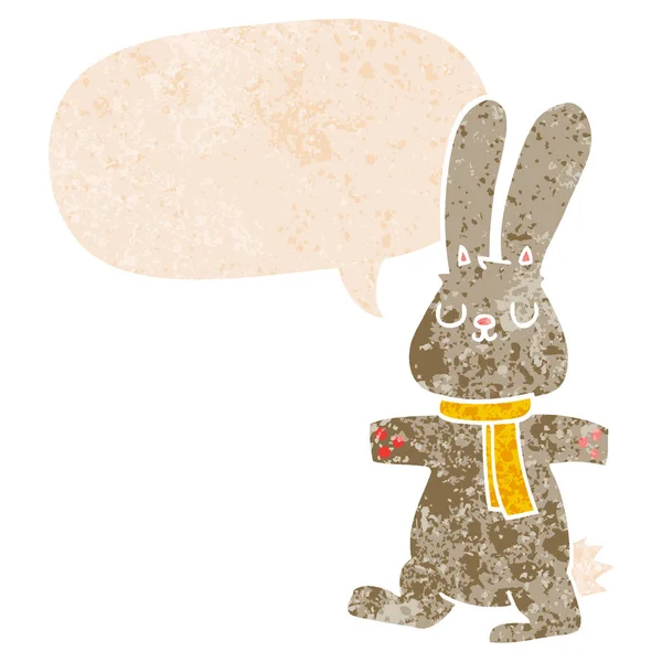 Conejo de dibujos animados y burbuja del habla en estilo texturizado retro — Archivo Imágenes Vectoriales