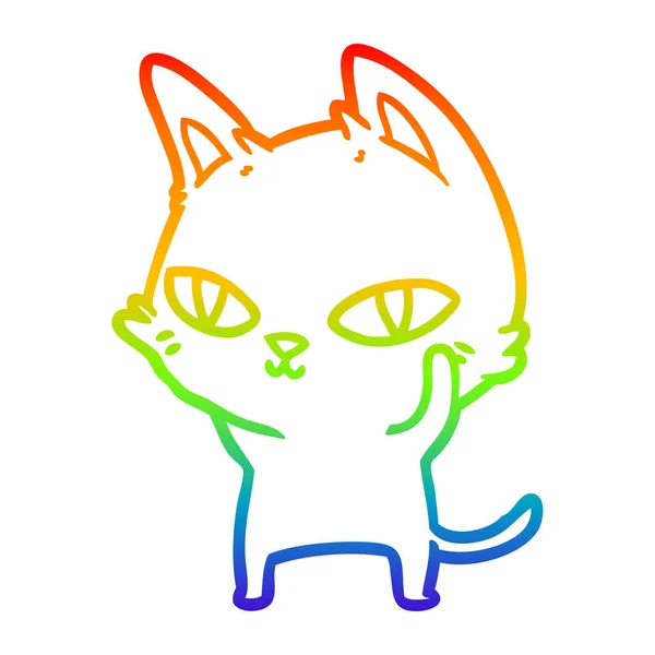 Arco iris gradiente línea dibujo dibujos animados gato con ojos brillantes — Vector de stock