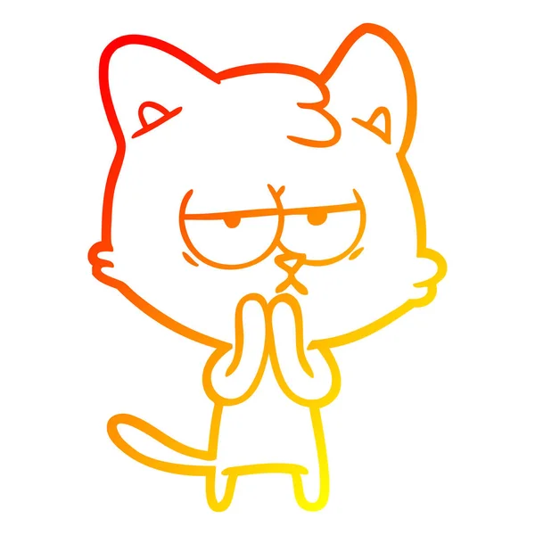 Línea de gradiente caliente dibujo aburrido gato de dibujos animados — Vector de stock